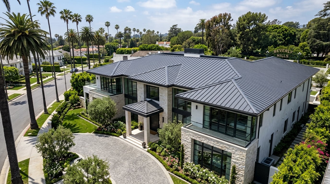 Standing seam metal roof on a mansion in Beverly Hills, California, with the Beverly Hills sign and palms behind.