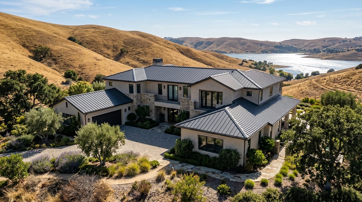 Standing seam metal roof on an estate in Calabasas, California, with the Calabasas hills and lake behind.