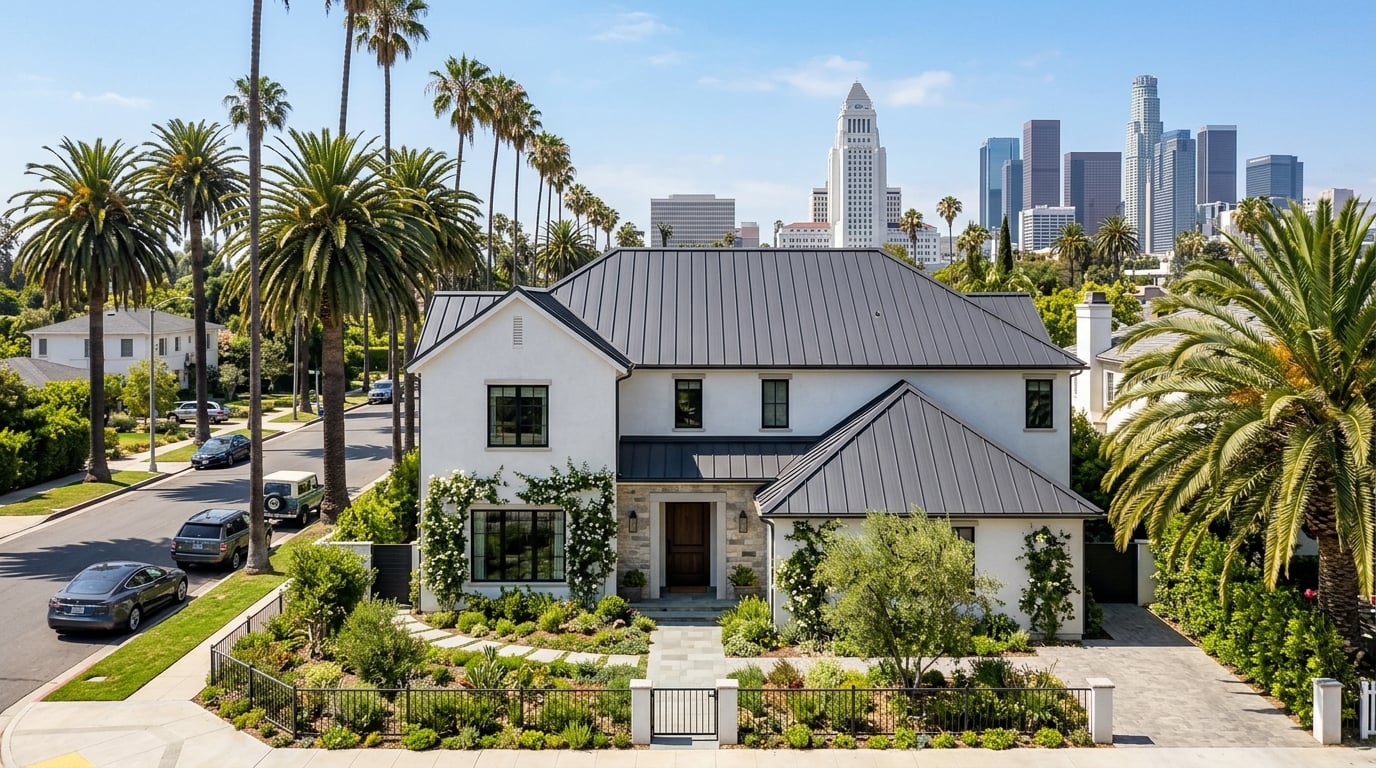 Standing seam metal roof on a home in Los Angeles, California, with the downtown skyline and City Hall behind.