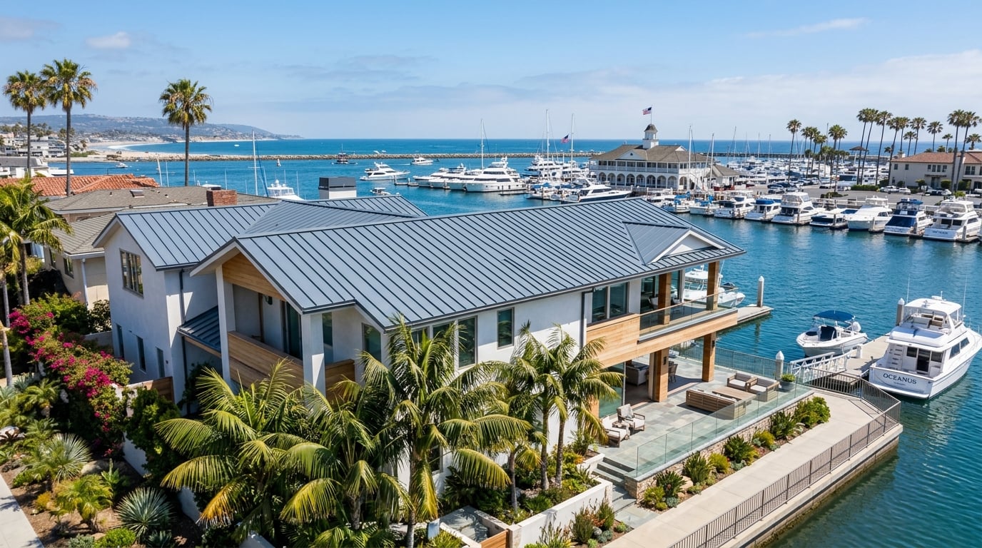Standing seam metal roof on a waterfront home in Newport Beach, California, with Newport Harbor and the Balboa Pavilion behind.