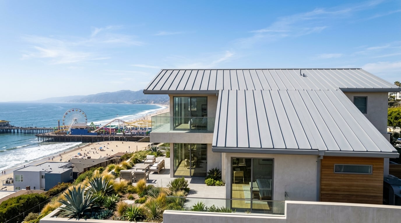 Standing seam metal roof on a home in Santa Monica, California, with the Santa Monica Pier behind.