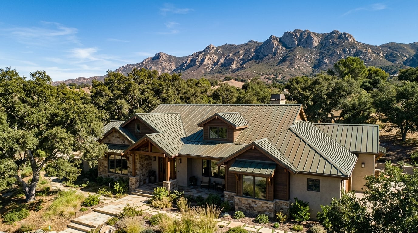 Standing seam metal roof on a home in Thousand Oaks, California, with the Conejo Valley oaks and Boney Mountain behind.