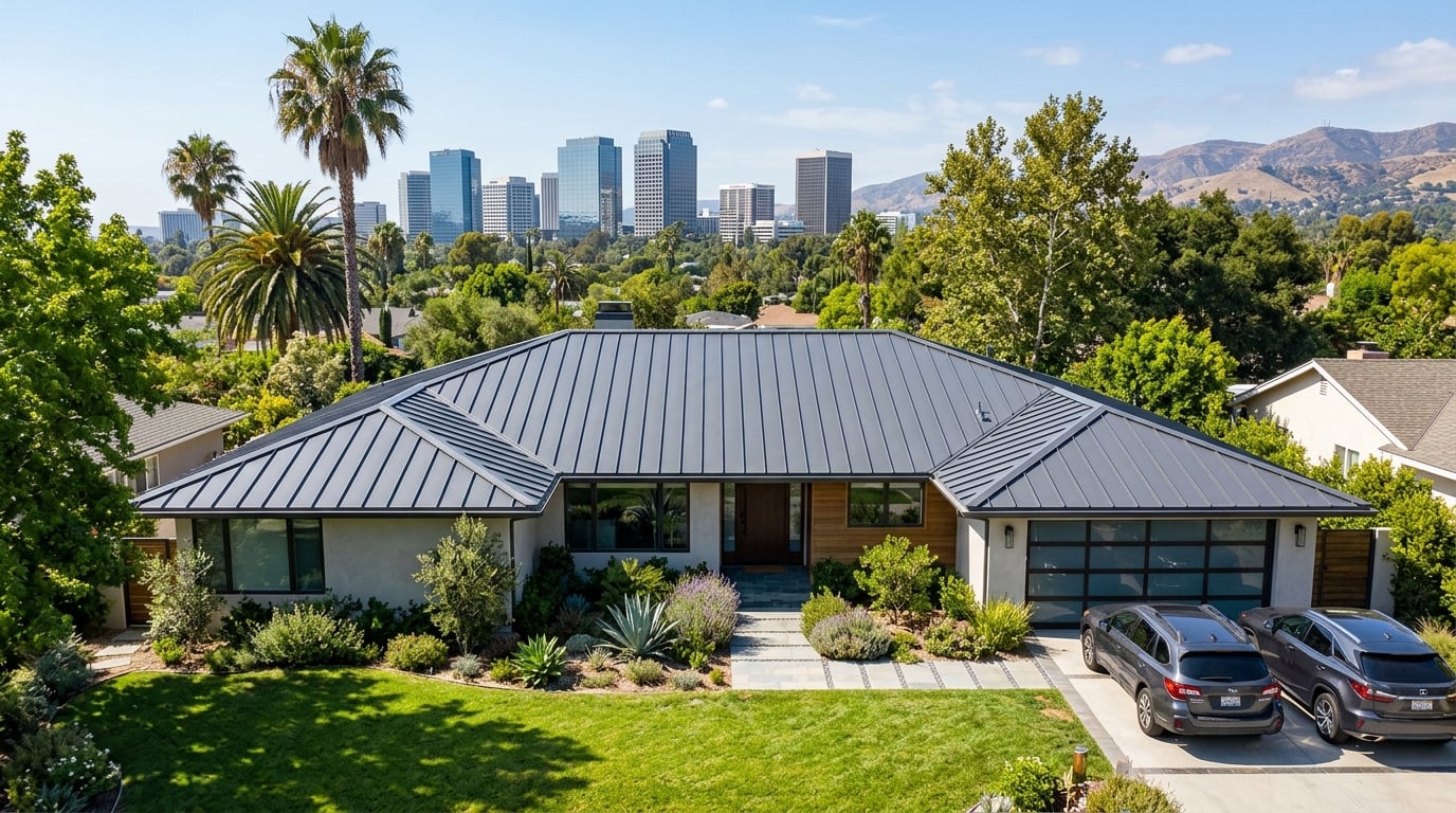 Standing seam metal roof on a home in Woodland Hills, California, with the Warner Center skyline behind.