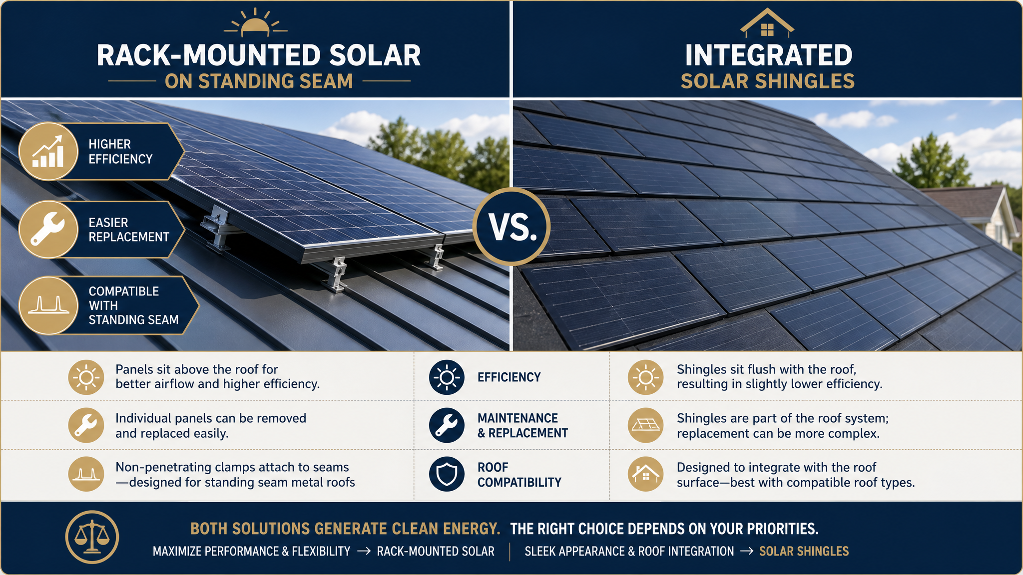 Comparison of mounted solar panels and solar shingles on a standing seam metal roof.