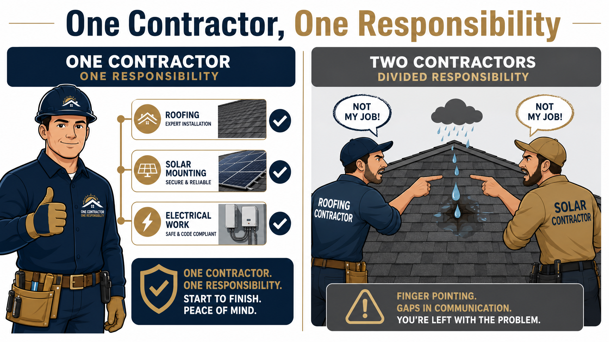One contractor installs the roof and solar system, eliminating finger-pointing between roofing and solar companies.