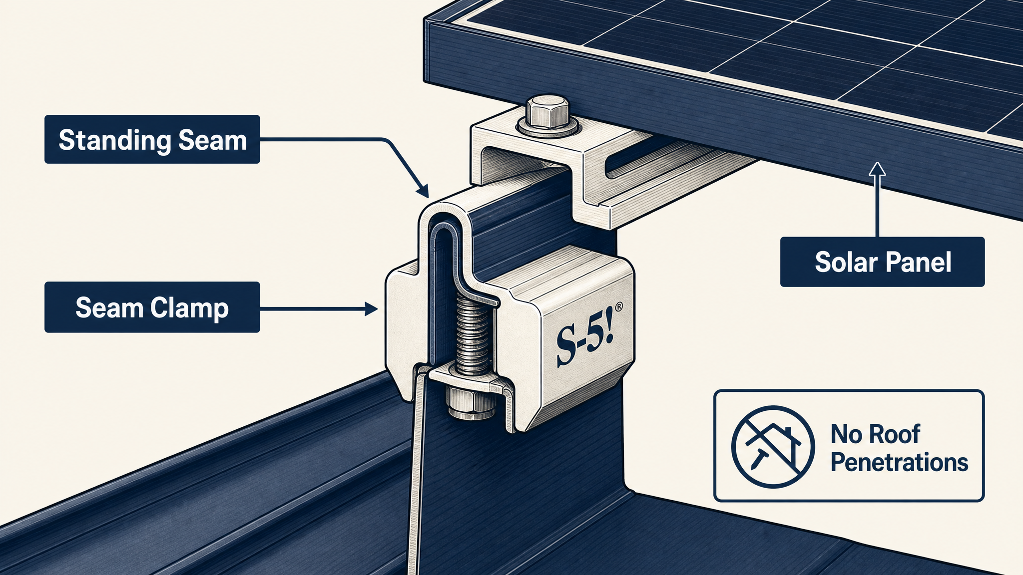 S-5! seam clamp attaching solar panels to a standing seam metal roof without drilling holes.