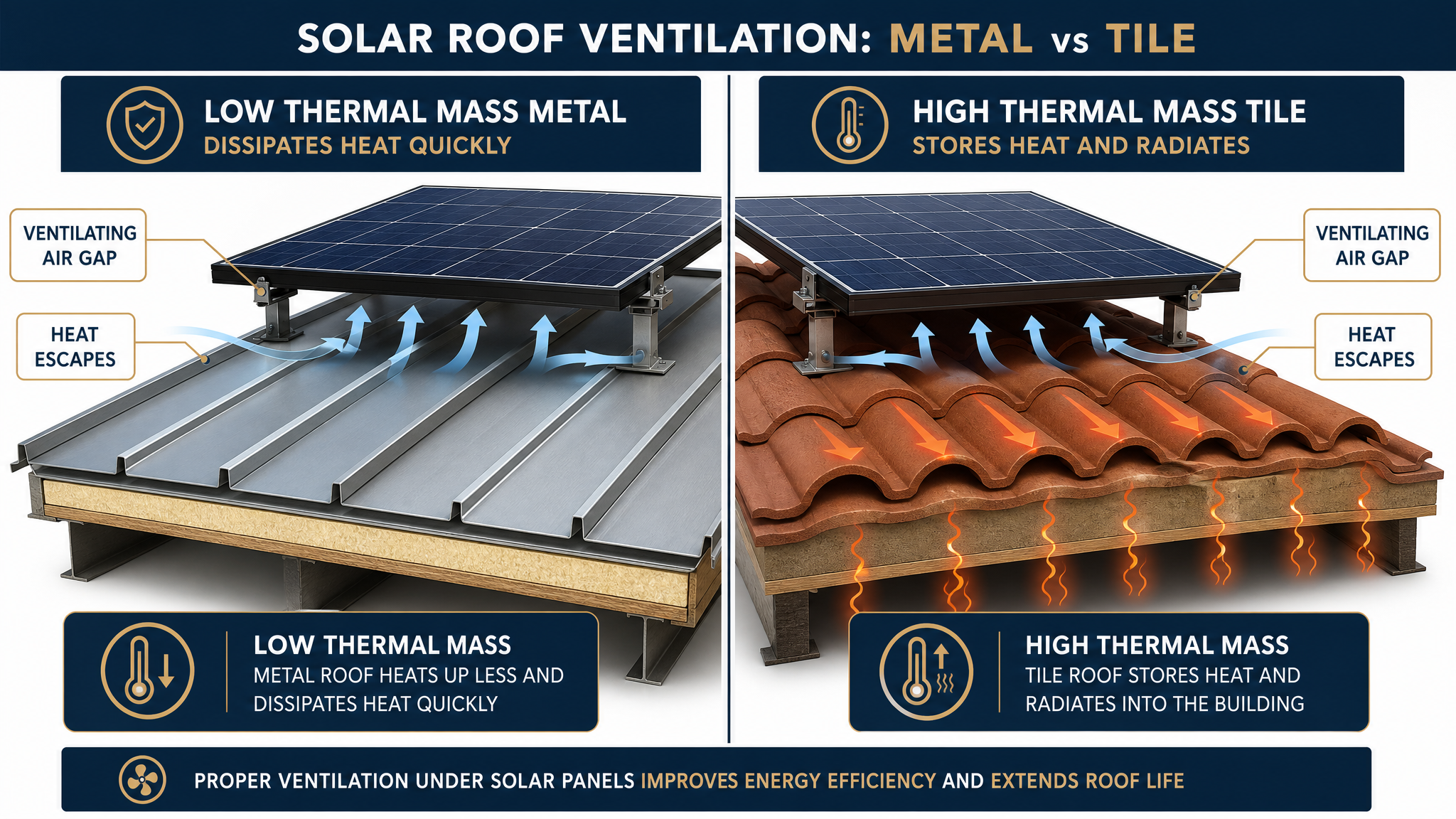 Standing seam metal roof with ventilated solar panels and low thermal mass for a cooler operating environment.