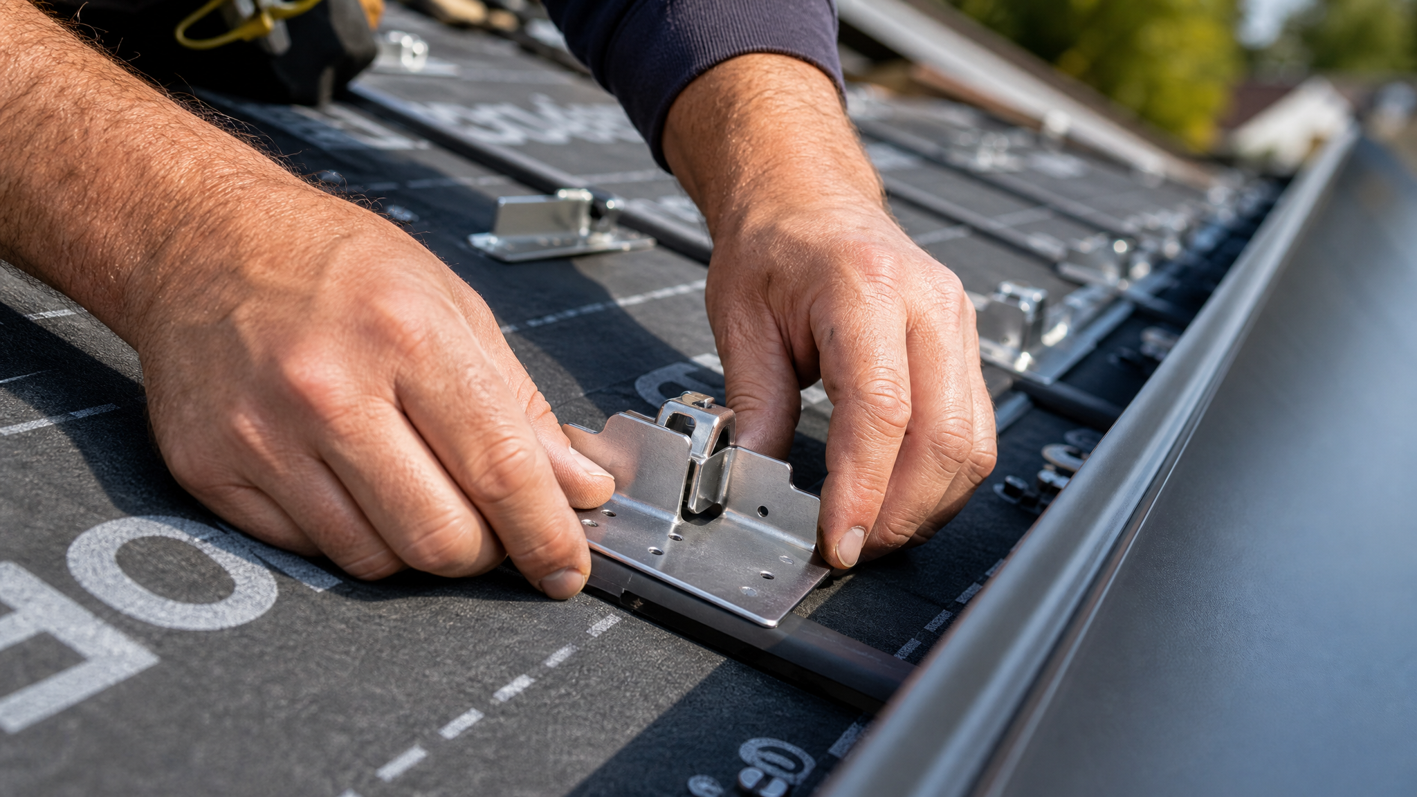 Close-up of standing seam concealed clip installation showing stainless steel clip being attached to roof deck beneath metal panel