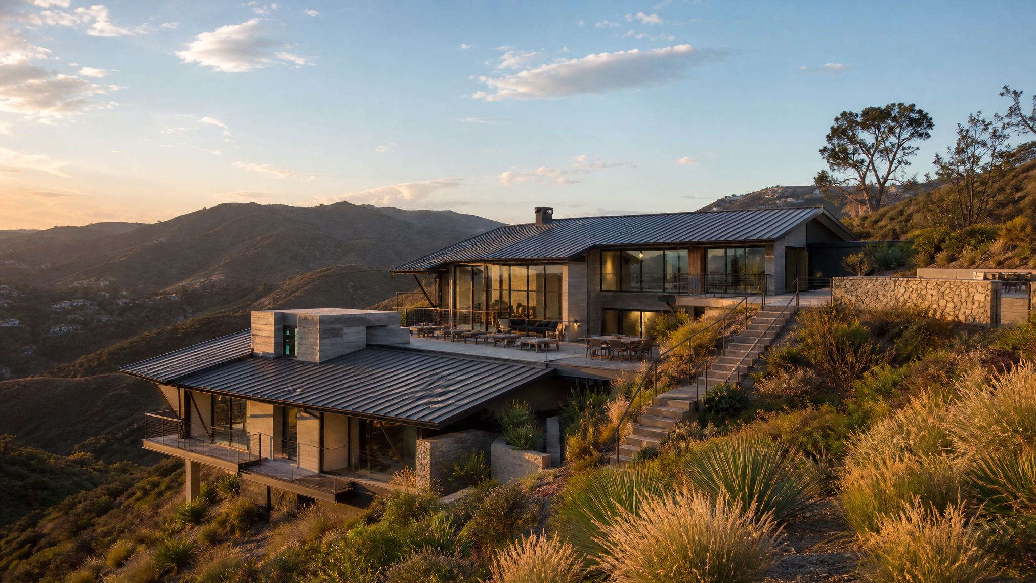 Hillside home with a standing seam metal roof