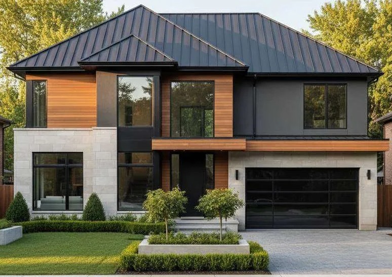 Modern Los Angeles home with a black standing seam metal roof and wood accents