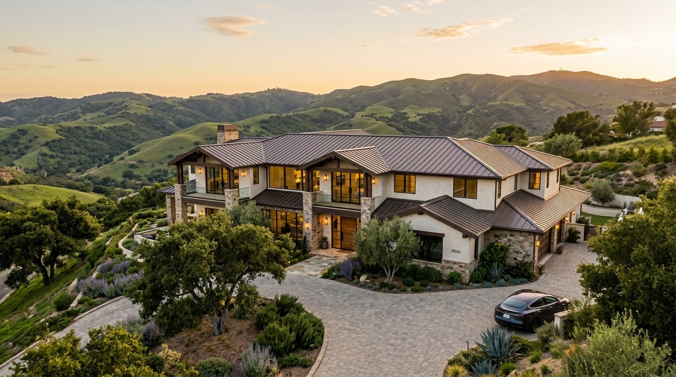 Standing Seam metal roof installation Dark Bronze in Thousand Oaks Southern California Hillside Residence