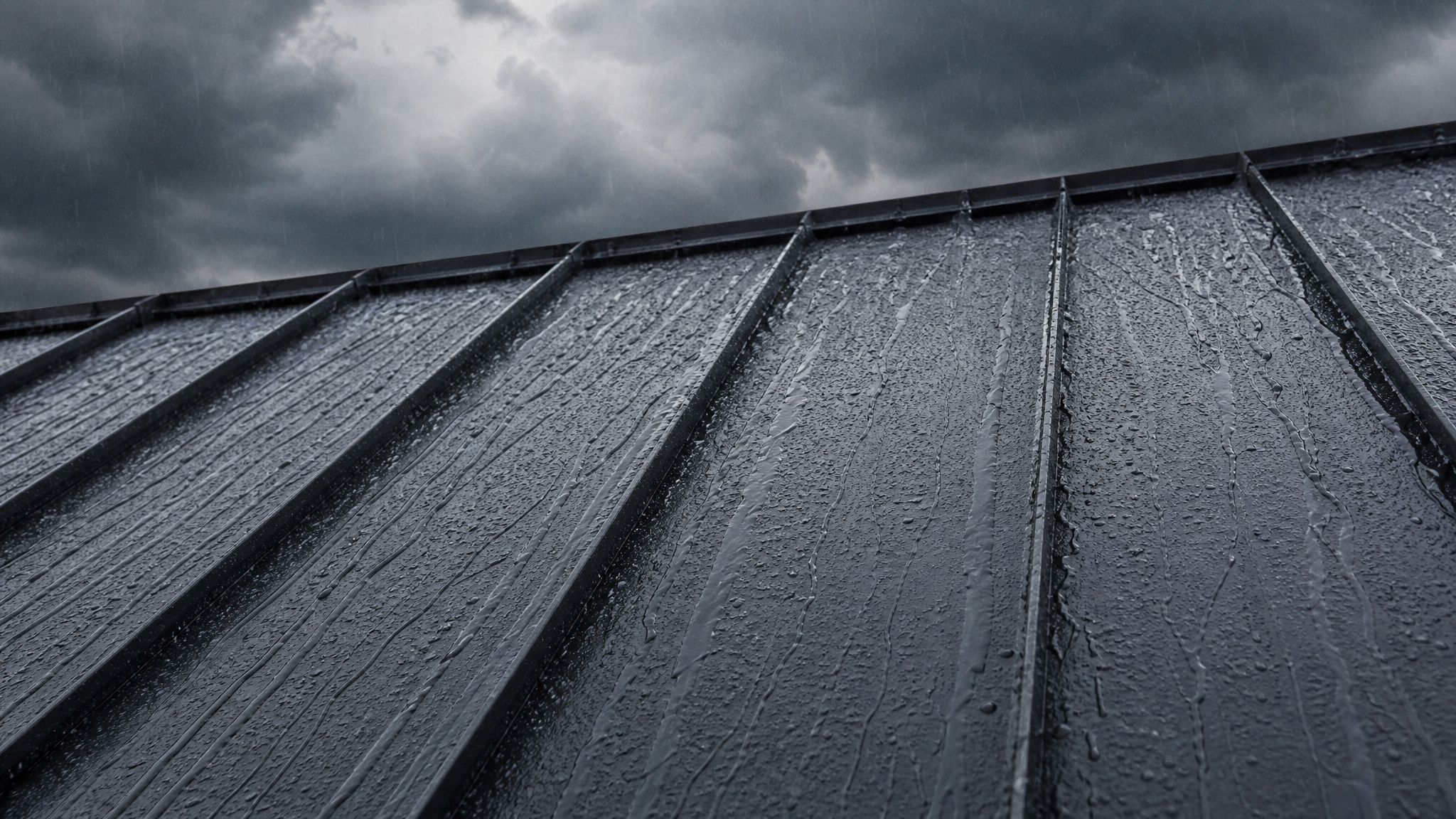 Rain water flowing down standing seam metal roof panels showing how raised seams channel water for effective drainage