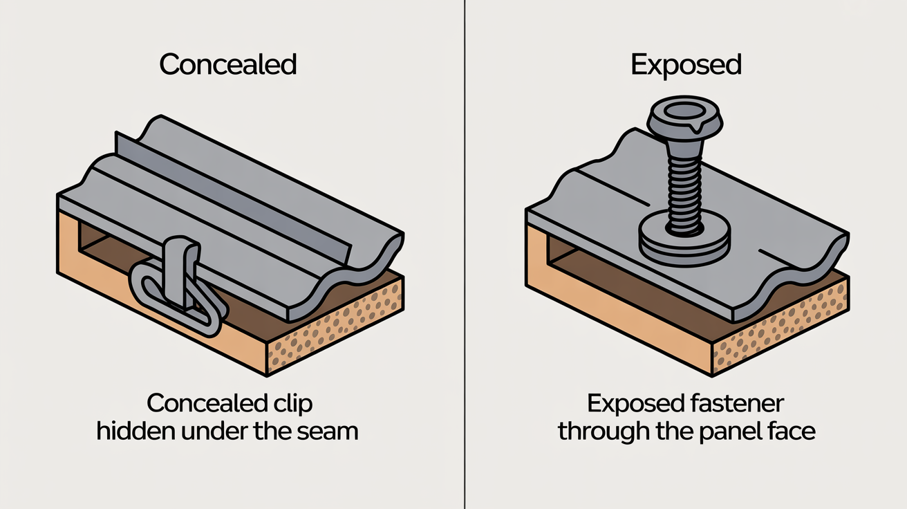 Concealed standing seam clip versus an exposed fastener with a rubber washer.