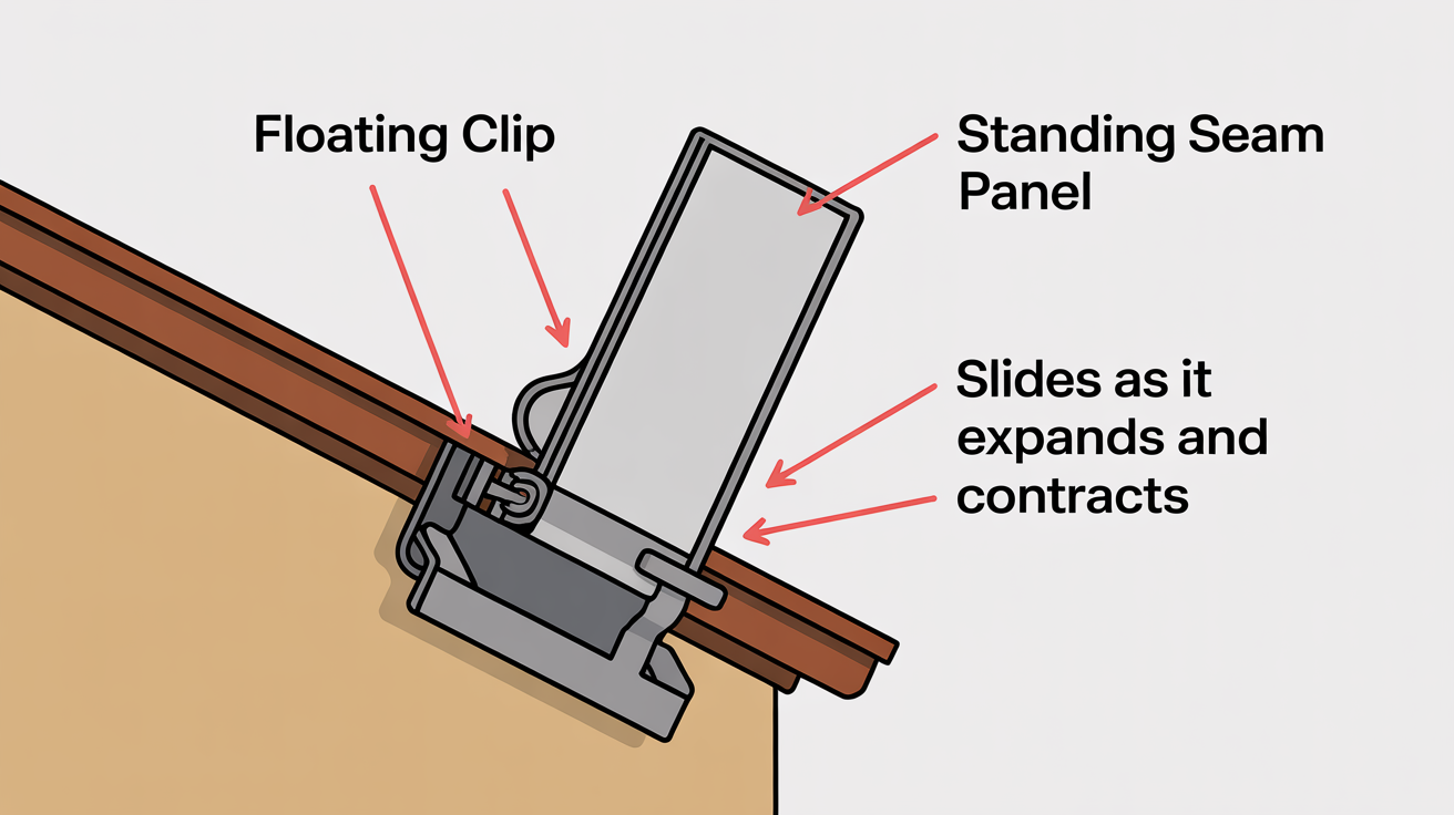 Floating clip letting a commercial standing seam panel expand and contract.