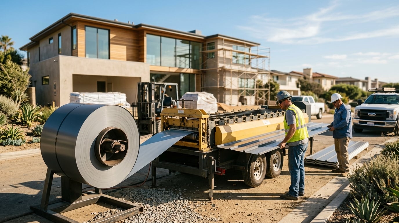 Taylor Metals Kynar 500 roofing coil being roll-formed on site into a standing seam metal roof.