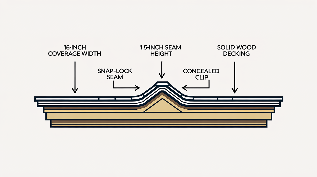 Labeled cross-section diagram of the Taylor 1.5-inch snap-lock standing seam panel profile showing the 16-inch coverage width, 1.5-inch seam height, snap-lock seam, concealed clip, and solid wood decking.