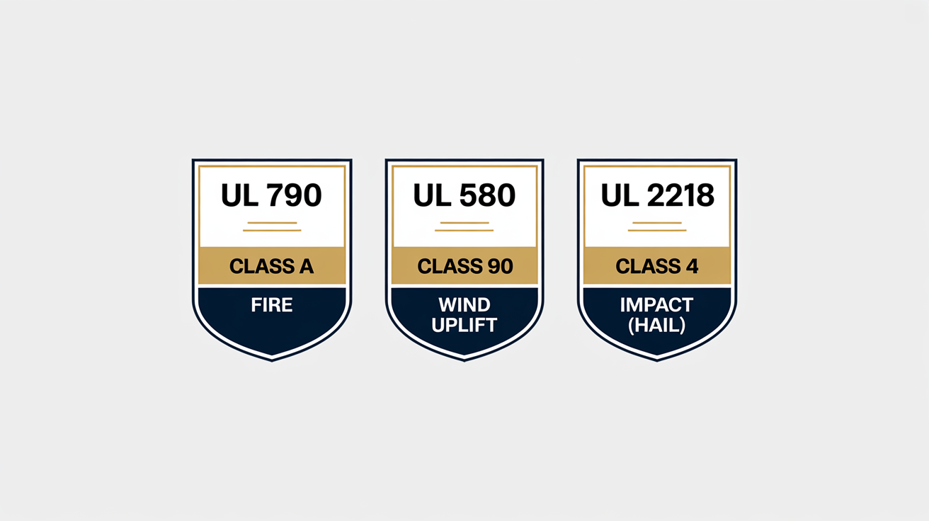 Taylor Metals UL certification badges: UL 790 Class A Fire, UL 580 Class 90 Wind Uplift, and UL 2218 Class 4 Impact (Hail).