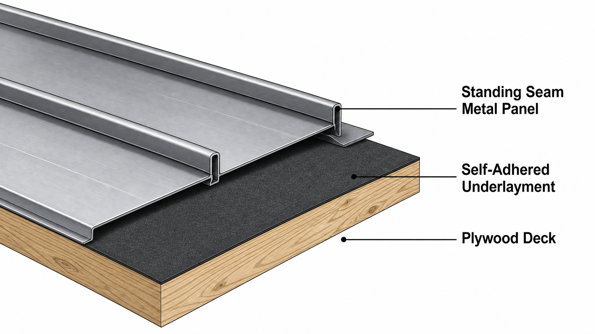 Cross-section of a standing seam roof with Polyglass Polystick XFR underlayment.