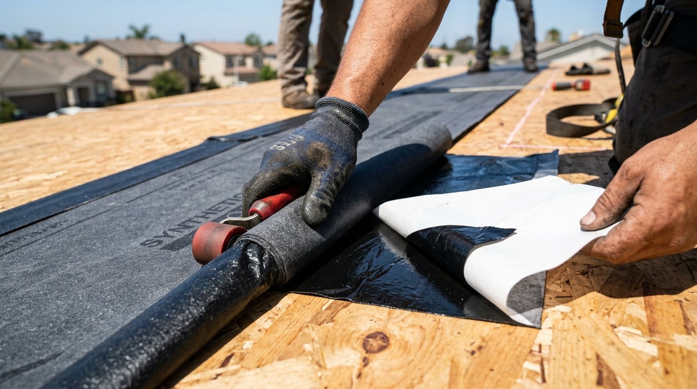 Polyglass Polystick XFR self-adhered underlayment being installed on a roof deck.