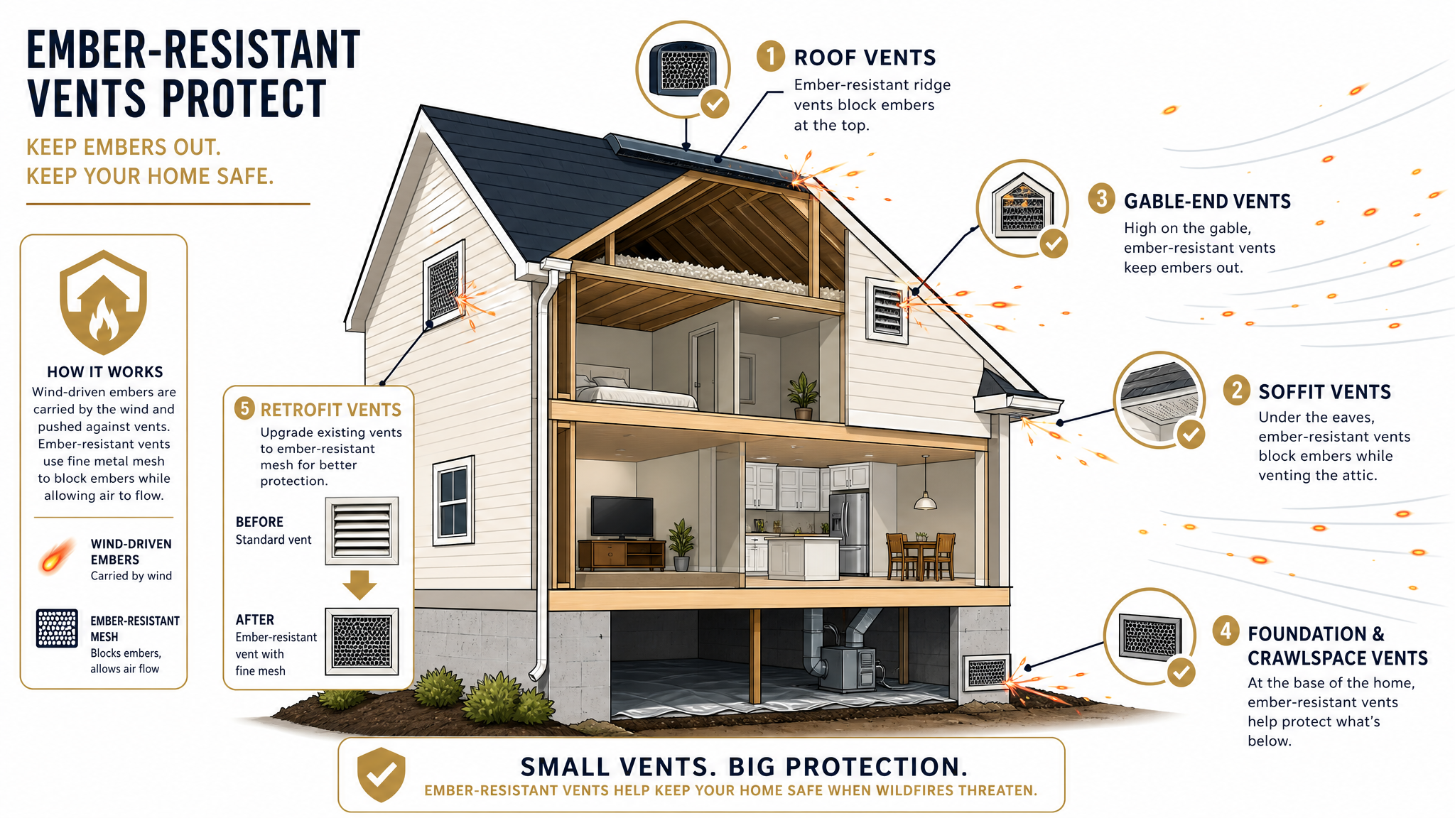 Whole-home ember defense: Vulcan roof, soffit, gable, foundation, and retrofit vents protecting a home during a wildfire.