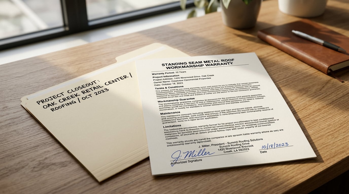 A signed standing seam metal roof workmanship warranty and project closeout package from The Metal Roof Pros