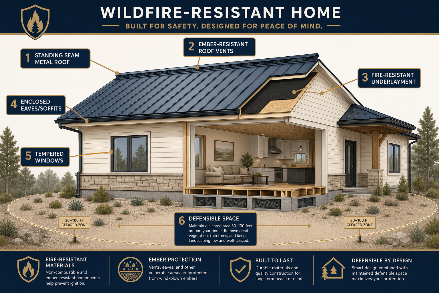 Labeled diagram showing a wildfire-resistant home with a standing seam metal roof, ember-resistant roof vents, enclosed eaves, fire-resistant underlayment, tempered windows, and defensible space.