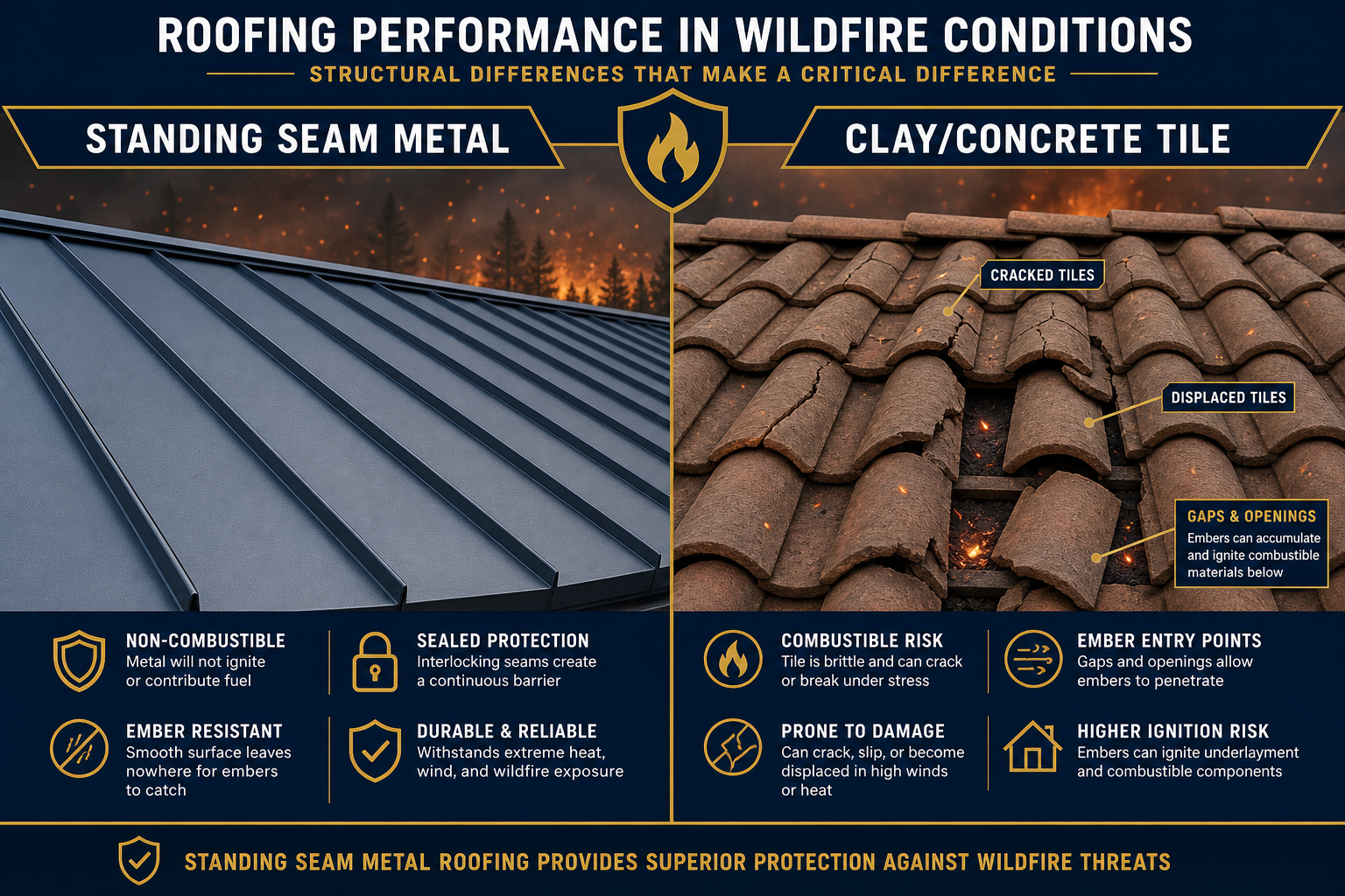 Labeled comparison showing how standing seam metal roofing creates a continuous non-combustible surface while cracked or displaced tile can create openings where wind-driven embers collect.